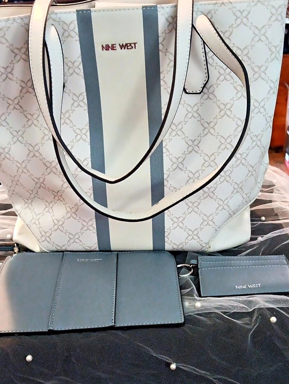 Nine West Printed Tote Bag in White & Blue